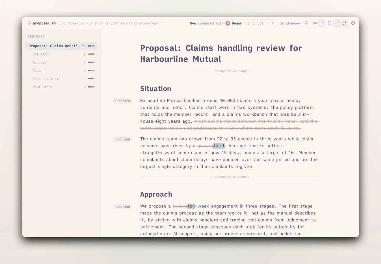 The fold: unchanged paragraphs collapsed to hairlines