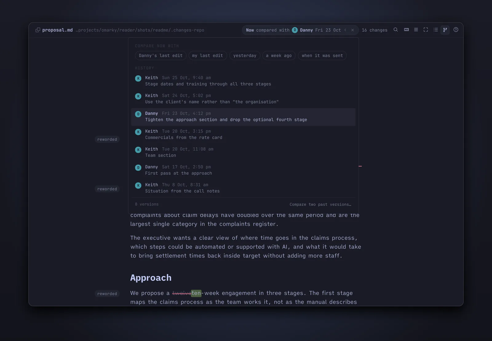 The version list: shortcuts, then every check-in as a person and a time