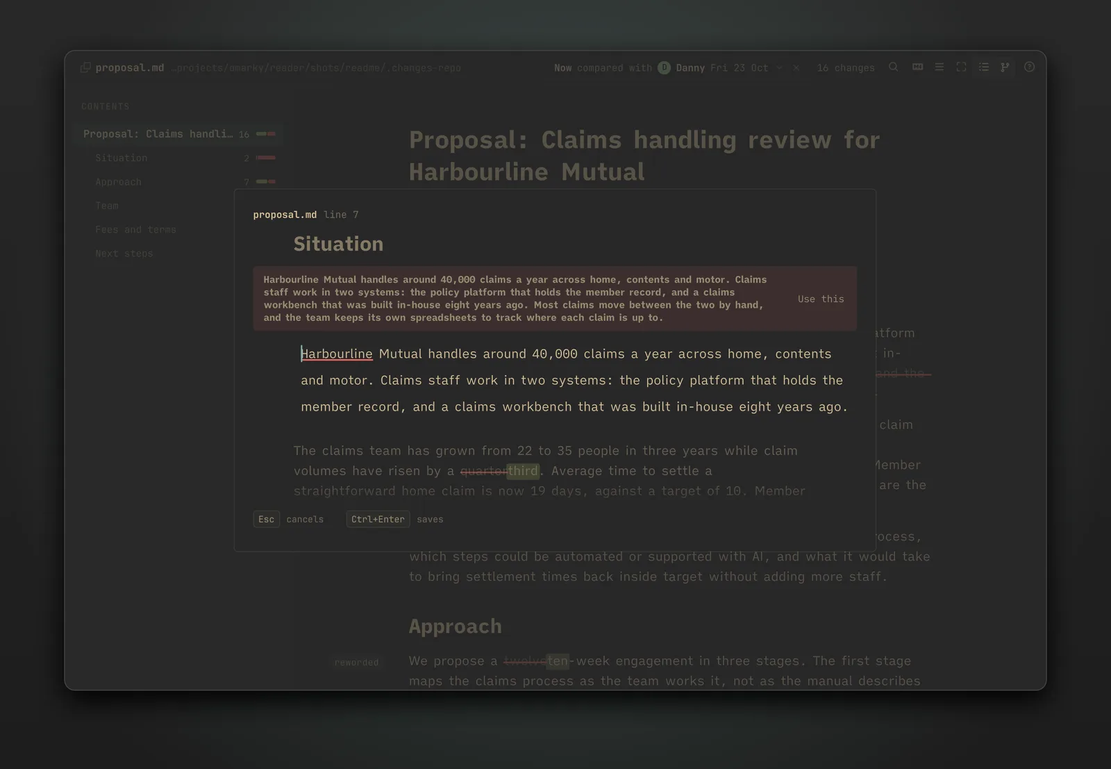 The edit sheet over a reworded paragraph, the older wording above it with a Use this chip