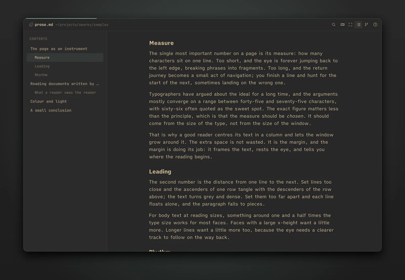 An essay in OmarkyReader under the gruvbox theme, with the contents outline on the left