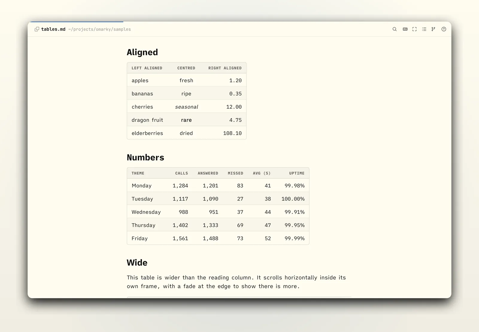 Aligned tables in the flexoki-light theme