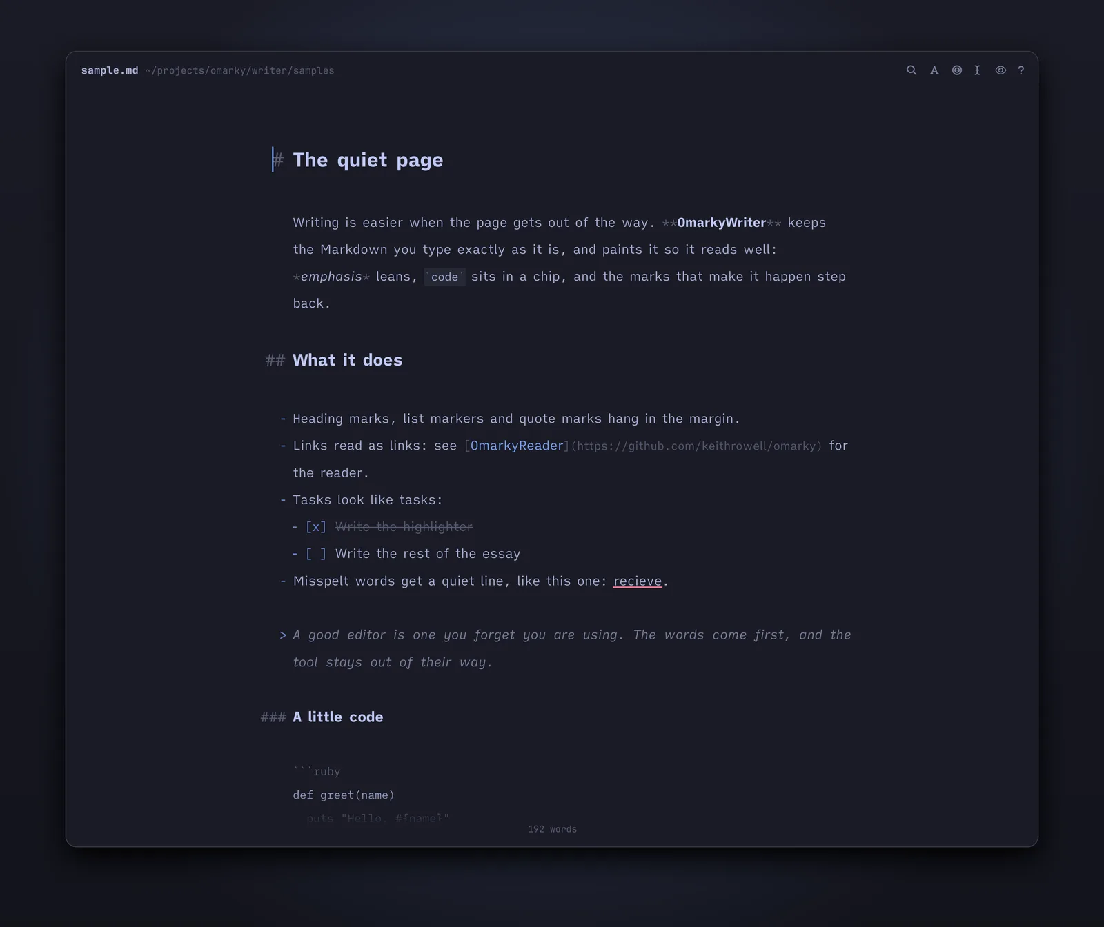 OmarkyWriter in tokyo-night: a heading, a paragraph with bold and code, a list with tasks, a quote and a code block
