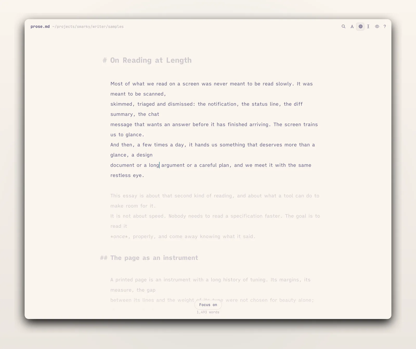Focus mode: every paragraph but the current one faded