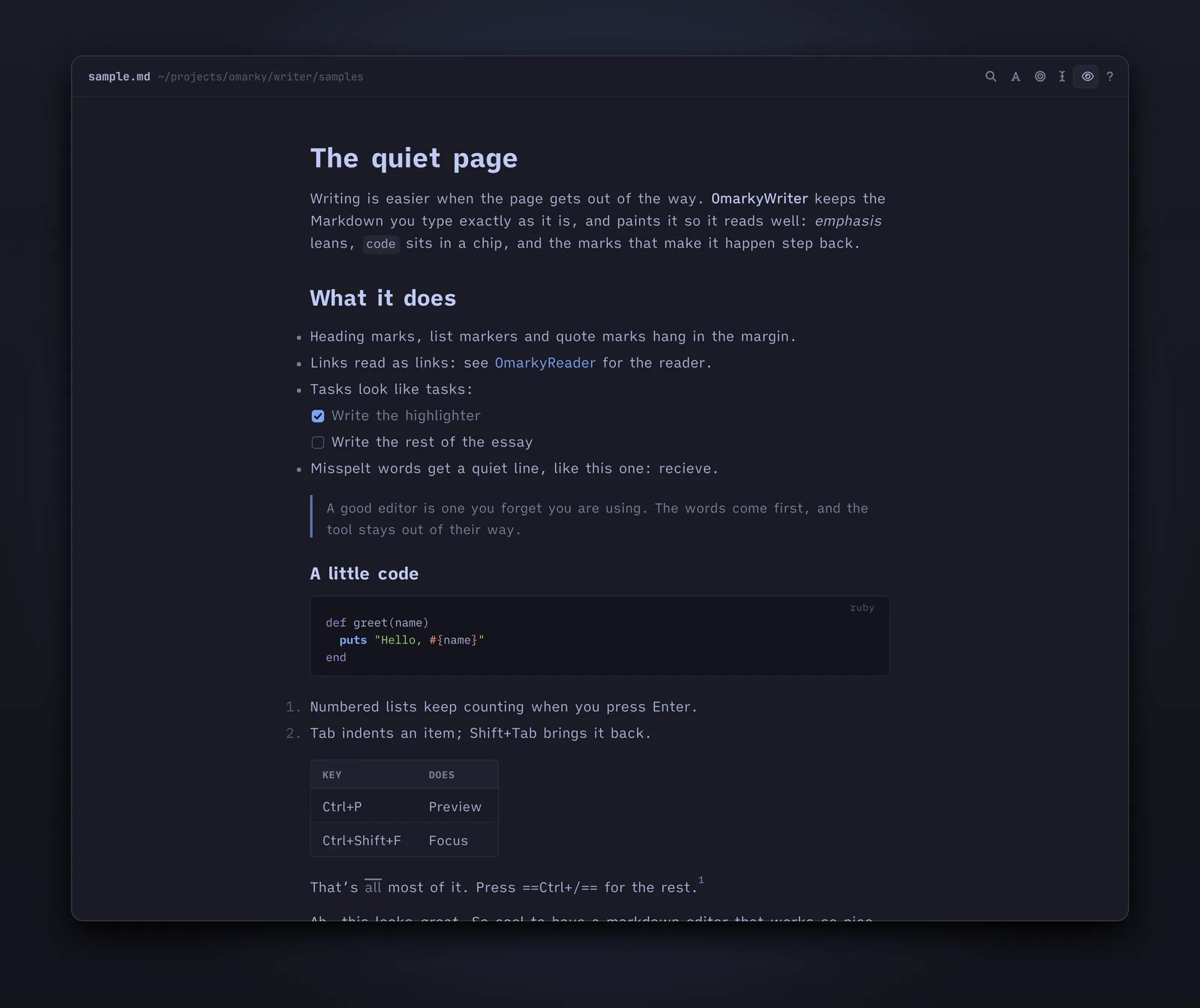 The preview: the document rendered by OmarkyReader, opened at the block the cursor was in